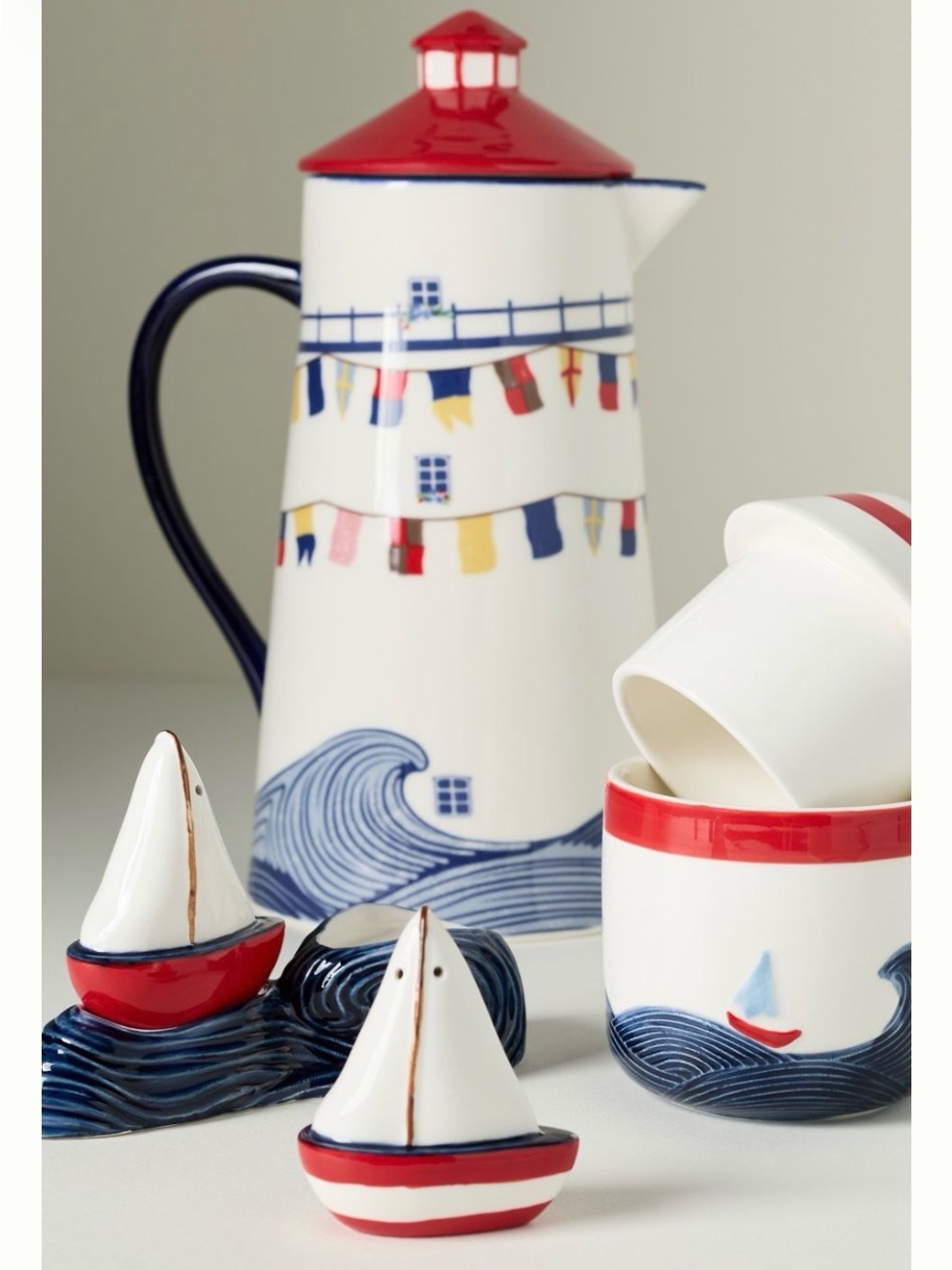 Set of 2!! Anthropologie maritime collection Flag Ceramic Pitcher with shakers - Picture 3 of 8
